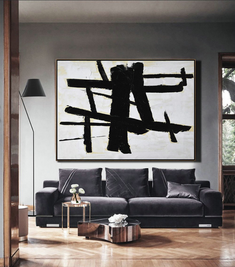 Large Colorful Wall Art,Horizontal Palette Knife Minimal Canvas Art Painting Black White Beige - Large Canvas Art,Modern Art Abstract Painting